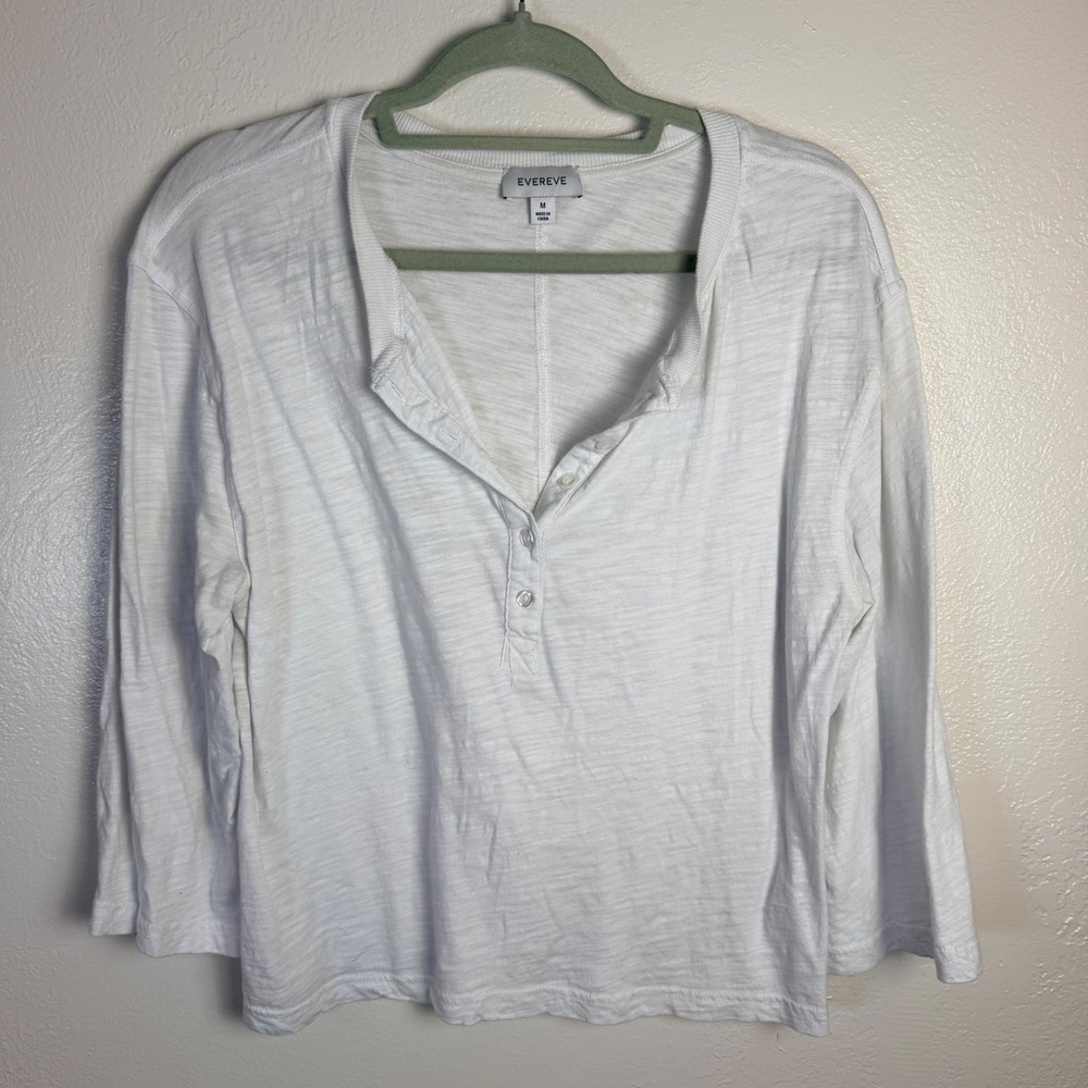 Evereve Womens M White Cotton Slub Knit Long Sleeve Henley Basic Clean Layering